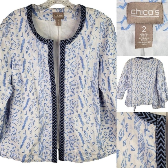 Chicos Blazer Womens Size 2 US L Large Cotton Blue Resort Beach - Picture 1 of 8